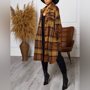 Women's Casual Lapel Button Down Long Plaid Jacket